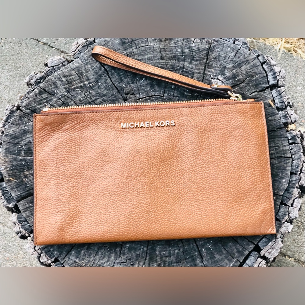 MICHAEL Michael Kors Cognac Pebbled Leather Wristlet with Gold Logo